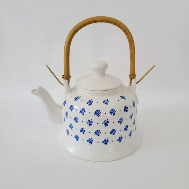 Vintage Blue & White Floral Ceramic Teapot, Bamboo Handled, Colonial Cottagecore