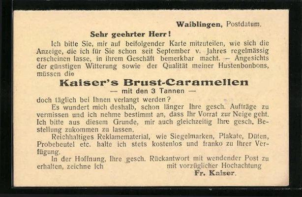 AK Waiblingen, Werbepostkarte von Fr. Kaiser 1915