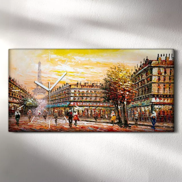 Horloge murale sur toile 60x30 paris eiffel arbre bâtiments rue personnes 2