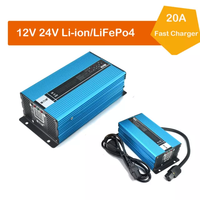 12V 24V Li-ion LiFePo4 Lithium Fast Charge Akku Ladegerät Current Adjustable 20A