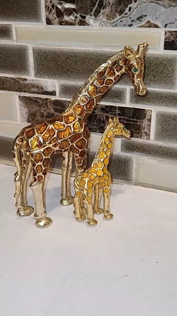 Beautiful Vtg Giraffe Bejeweled Trinket Pill Box Brown Gold Enameled Magnetic