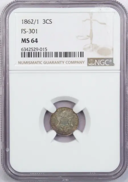 1862/1 FS-301 Three Cent Silver Trime 3CS, NGC MS64 Uncirculated Colorful Toning