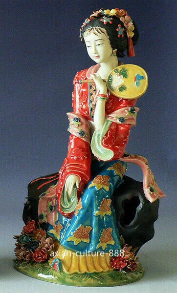 11" Ceramic Figurine Chinese Wucai Porcelain Pottery Women Beautiful Lady Statue
