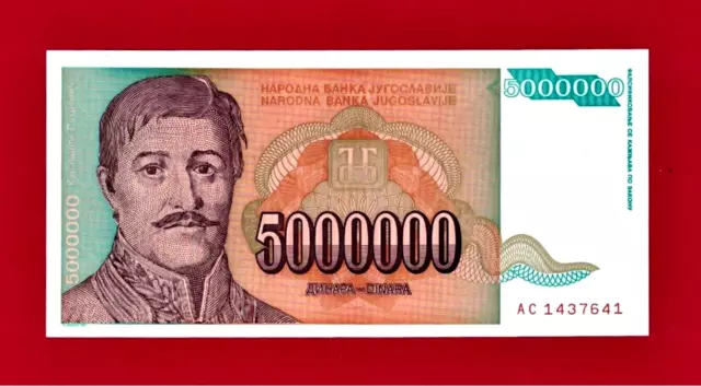 5 MILLION DINARA 1993 YUGOSLAVIA UNC NOTE P-132a, Last "AC" Prefix in The Series