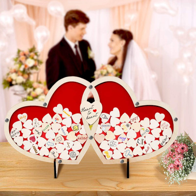 ZXGQF Libro degli Ospiti Wood Heart Signature Book 65 Pezzi Cuore Wedding Decor Matrimonio Guestbook Alternativo Rustico Guest Book Drop Top Box Legno Cornice A 