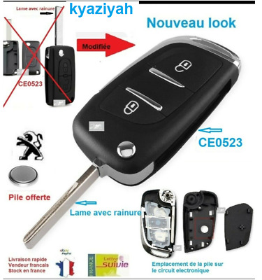 Logo CLE Plip PEUGEOT 3BTS COFFRE 207 307 308 407 CE0523 Lame Avec Rainure Pile+logo 