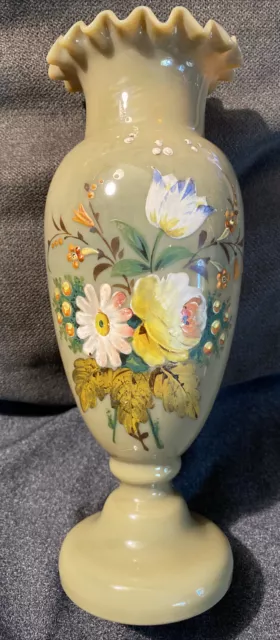 Antique Victorian Bristol Hand Blown & Painted Glass Vase Chocolate Floral NIce