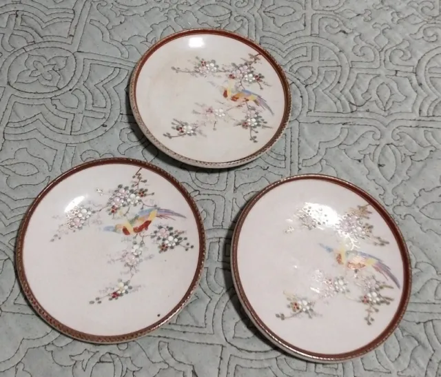 3 Antique Japanese Satsuma  Earthenware Plates with Bird Kazan Crest Marked Gold