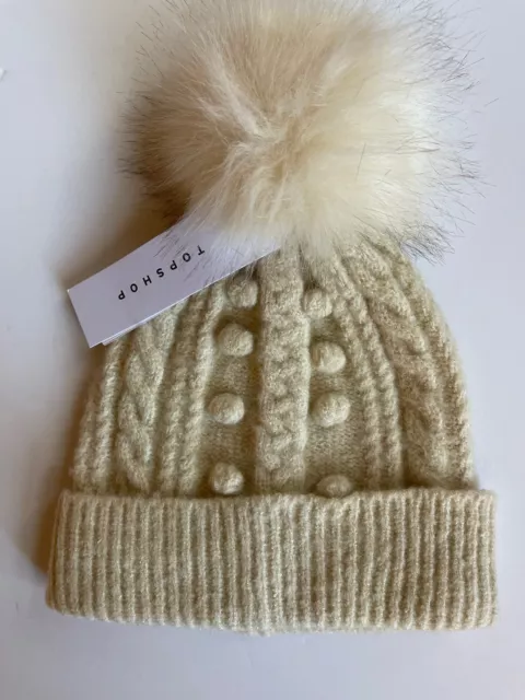 NWT TOPSHOP Bobble Knit Pom Pom Beanie Hat Women O/S Faux Fur Ivory