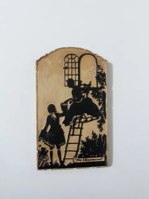 Vintage Painted Silhouette Plaster Of Paris Tile "The Elopemen"  1930' 8.5" x 5"