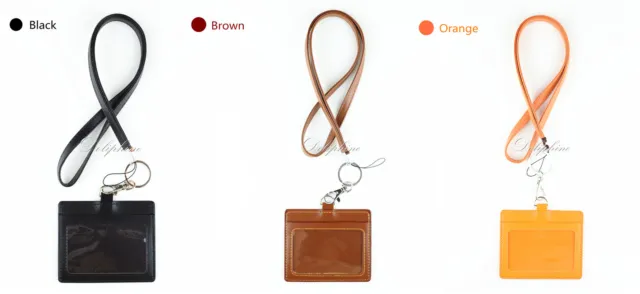 Leather Lanyard and 1 Window and 1 Slot 4 layers Horizontal ID Badge Holder
