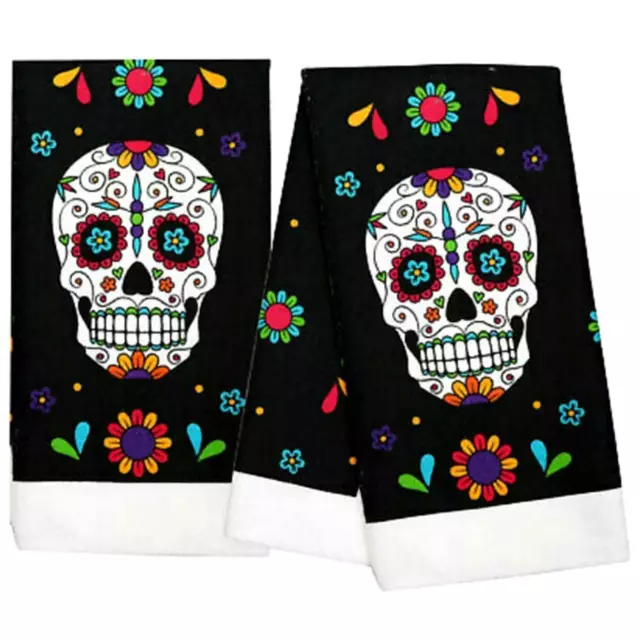 2pc SET-SUGAR SKULL HAND TOWELS Day-of-the-Dead Halloween Bathroom Kitchen Decor