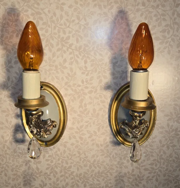 Regal Pair 1920s Antique Stamped Brass Electric Candle Wall Sconces Rewired
