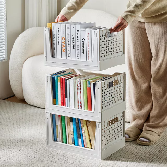 Stackable Basket Box Collapsible Book Storage Shelf Bookcase Display Unit Rack