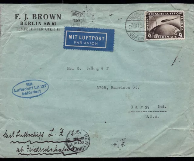 DR Zeppelin Zeppelin Beleg , EF Mi.Nr. 424 LZ 127 Friedrichshafen New York 1928