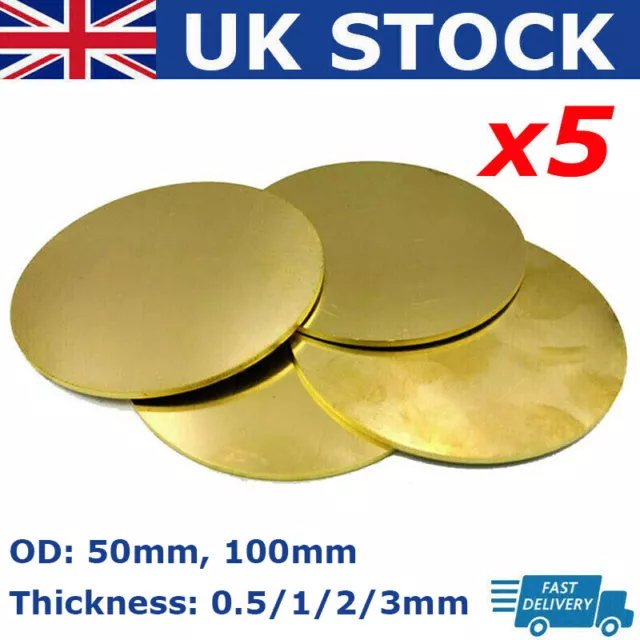 5PCS 50mm 100mm OD H62 Brass Discs Round Sheet  Metal Solid Blanks 0.5/1/2/3mm