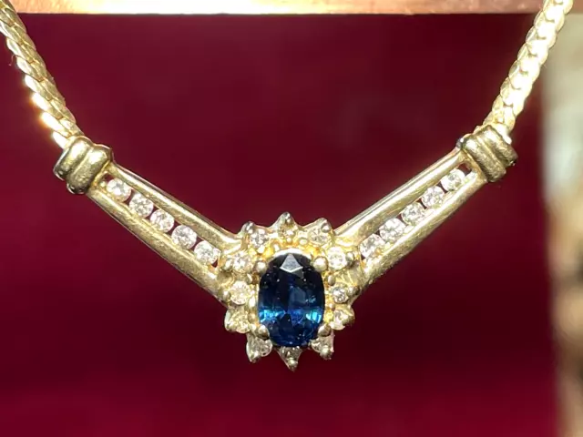 Vintage Estate 10K Gold Blue Sapphire  Diamond Necklace Pendant Signed Aj  Italy