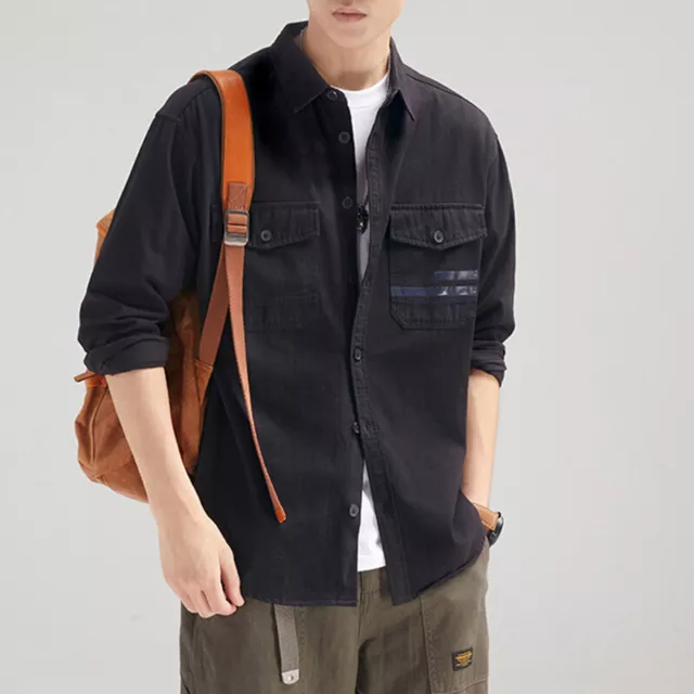 Uomo 100% Cotone T-Shirt con Bottoni Top Camicetta Tasca Casual Da