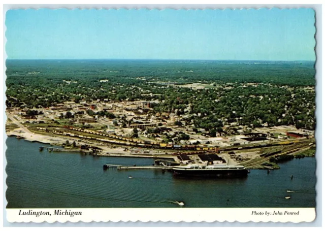 c1970's Aerial View Of Ludington Michigan MI, Natural Habor Vintage Postcard