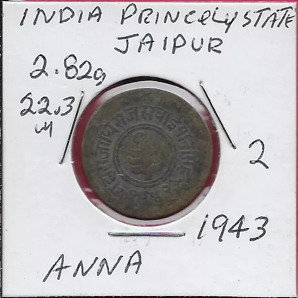 India Princely States Jaipur 1 Anna 1943 1 Year Type,Man Singh Ii,Within Double