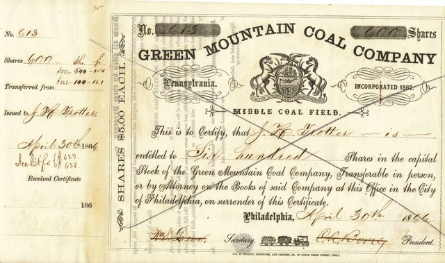 USA 1866 Vert Mountain Coal Compagnie Philadelphia Décoratif Founder Share $3000