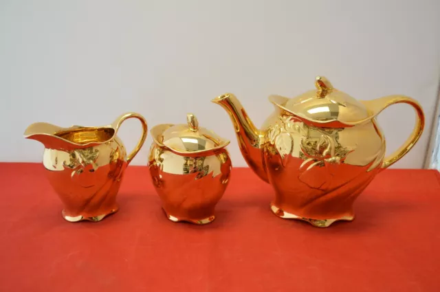 Vintage Royal Winton / Grimwades Golden Teapot, Creamer, & Sugar Bowl (England)