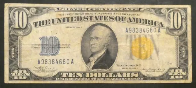 1934 A $10 US Silver Certificate Yellow Seal Note Bill Paper Money