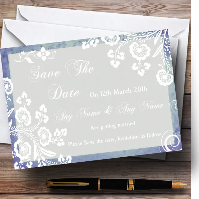 Rustic Blue Lace Personalised Wedding Save The Date Cards