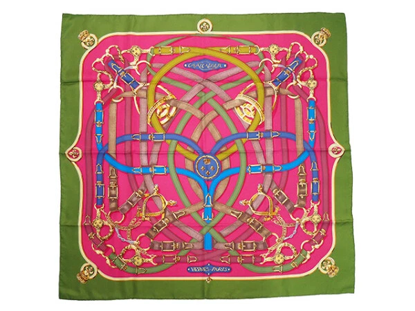 Hermes Carre 90 silk 100% scarf CAVALCADOUR green pink color Ladies used