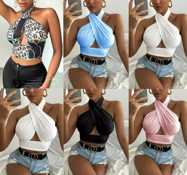 Womens Sleeveless Slinky Cross Front Wrap Over Halter Neck Boob Tube Cropped Top