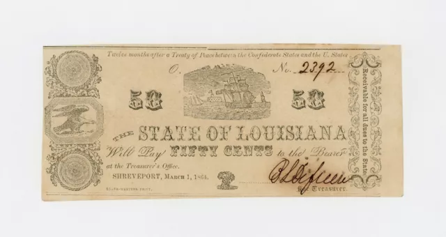 1864 Cr.20 50c The State of LOUISIANA Note - CIVIL WAR Era AU