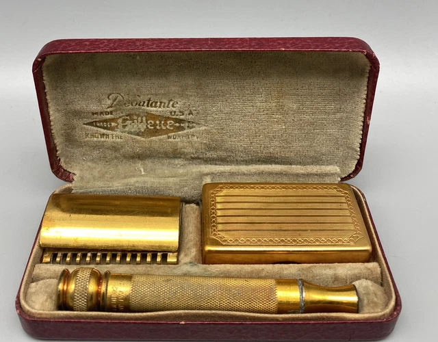 Vintage Debutante Gillette 3 Piece Safety Razor Gold Tone With Case