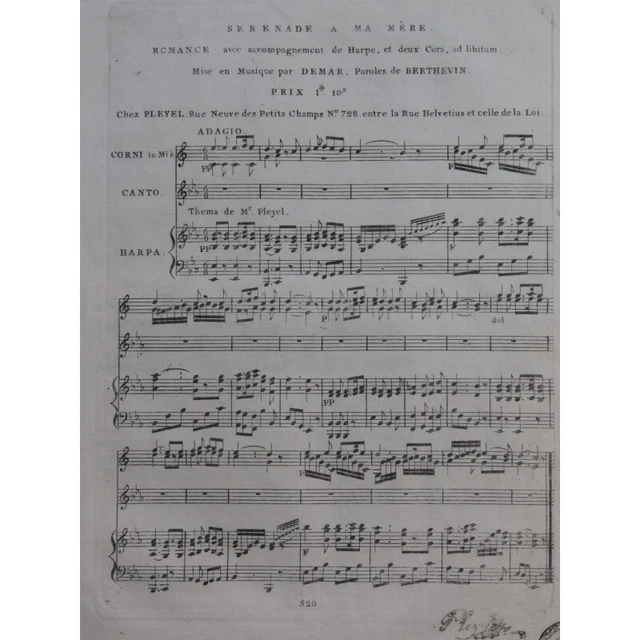 DEMAR Sébastien Sérénade à ma Mère Chant Harpe Cor ca1800
