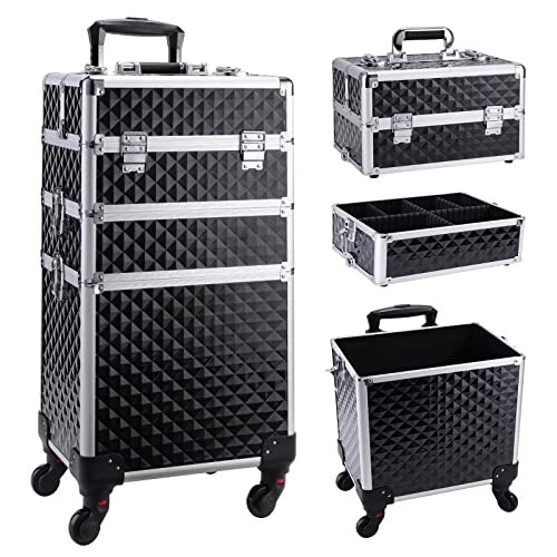 3 in 1 Rolling Makeup Train Case Professional Cosmetic Trolley Black Vintage