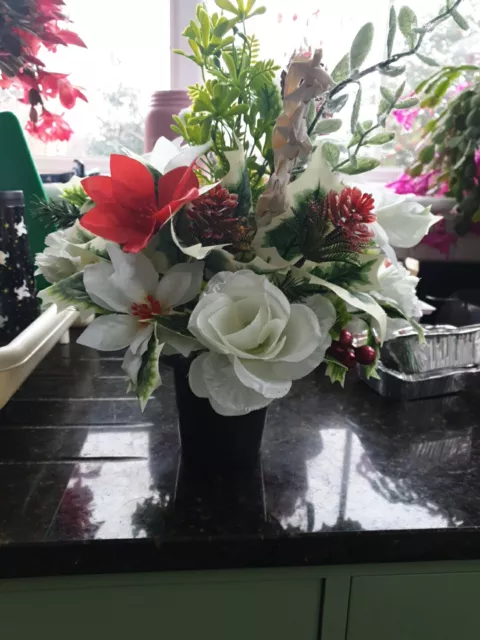 Memorial Grave - Cemetery Pots With Artificial Flowers CHRISTMAS WINTER THEMED