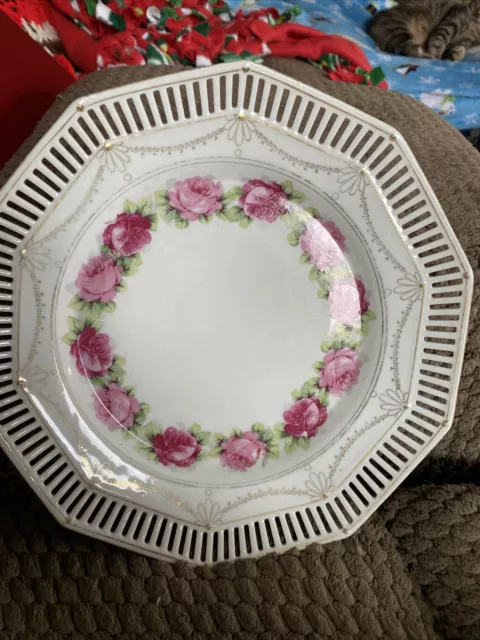 Vintage Handpainted Made In Germany Reticulated Plate Porcelain Floral Roses