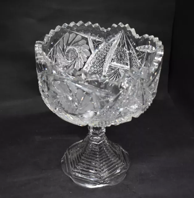 American Brilliant Period Cut Glass Round Compote Stepped Foot Pinwheel Stars