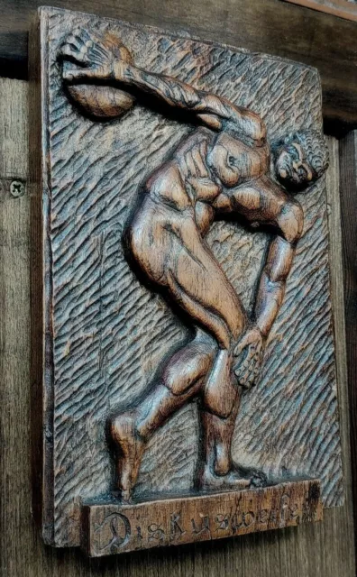 Antique German Carved Oak Classical Grecian Greek Discobolus Wood Wall Plaque 2