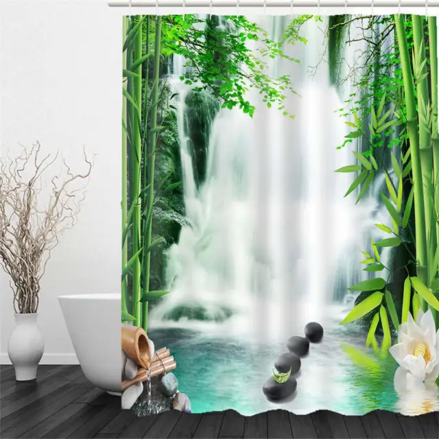 Waterfall Bamboo Printed Shower Curtain with Hooks Fabric Bathroom Decor 72 In