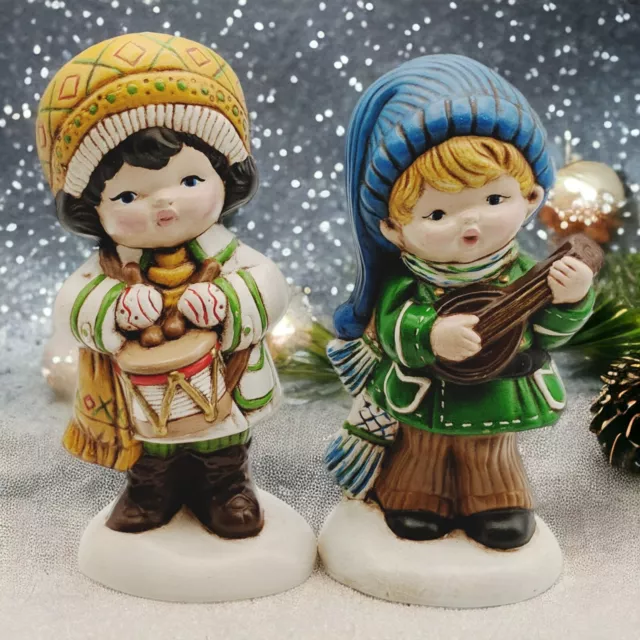 Vtg Ceramic Molds Christmas Carolers Drums Ukulele Hand Painted '78 Boy & Girl