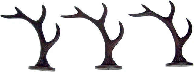 Four Point Dark Brown Deer Antler Wall Mount Coat Hooks, 5 1/2 Inch, Set of 3
