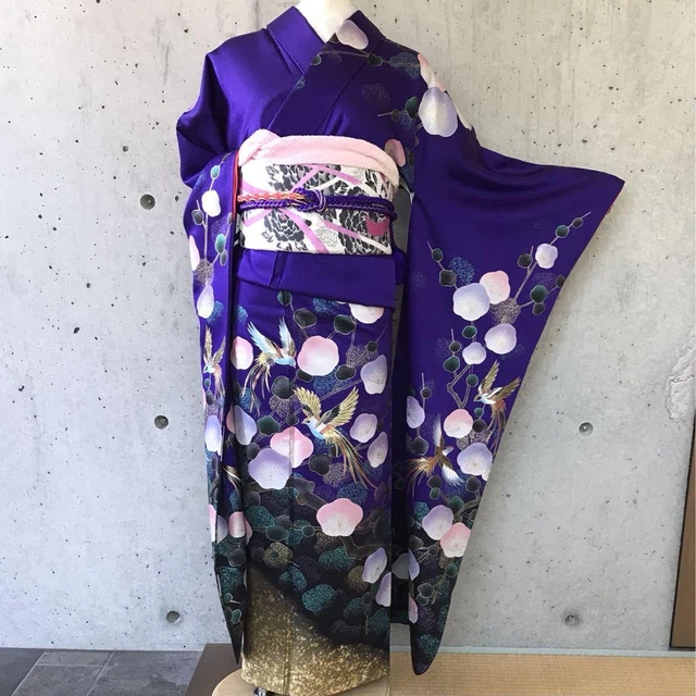 Japanese Pure Silk Long-sleeved Kimono Furisode 162cm Phoenix Plum Floral Purple