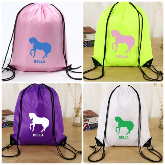 Personalised Name Drawstring Bag School PE Custom Dance Swim Waterproof Horse