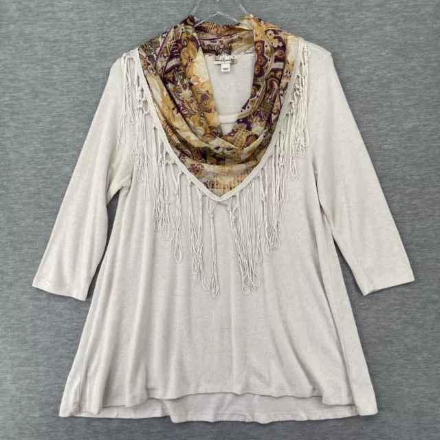 World Unity Medium Top Shirt Womens Beige 3/4 Sleeve Blouse Paisley Shawl