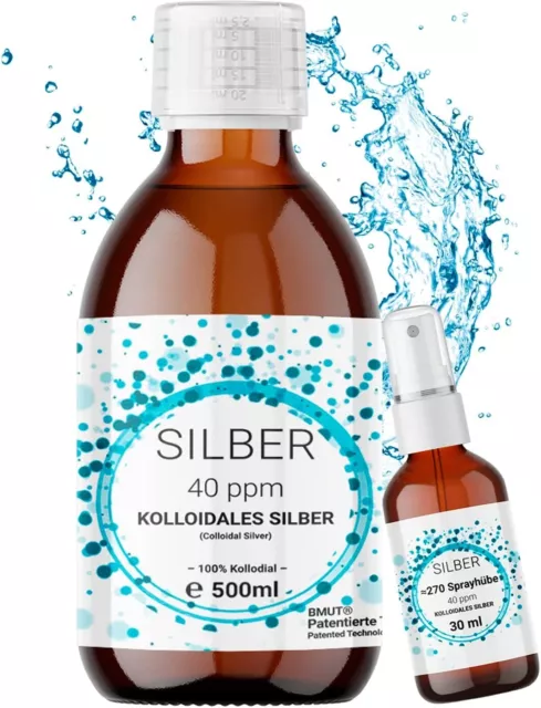 500ml Kolloidales Silber 40ppm | Silberwasser | 100% Kolloidal | 30ml Spray Glas