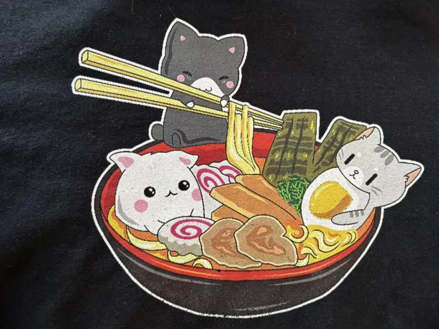 Awesome Ramen Noodles Japanese Anime Kitty Cats Black Hoodie Sweatshirt Large