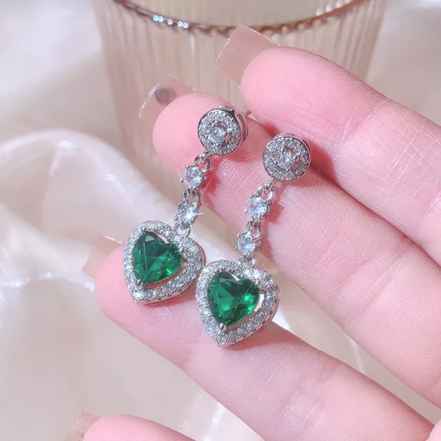 925 Sterling Silver Stud Earrings Emerald CZ Heart Earring Womens Luxury Jewelry