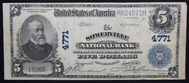 1902 $5 National Bank Note Sommerville MA Charter #4771 Fine / Very Fine