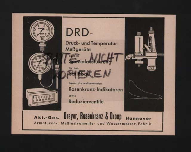 HANNOVER, Werbung 1940, Dreyer, Rosenkranz & Droop AG Armaturen Messinstrumente