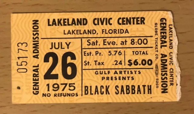 1975 Black Sabbath Sabotage Tour Lakeland Fl Concert Ticket Stub Ozzy Osbourne